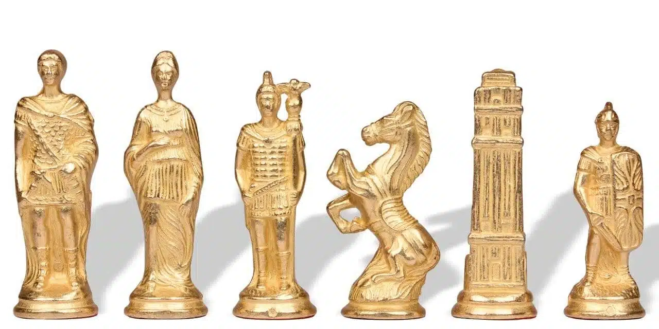 Romans vs Barbarians Chess Set - Chess Board - Backgammon and Draughts in Faux Leather with Storage & Metal Pieces - Image 7