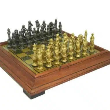 Florentine Chess Set - Brass-Effect Chess Board with Wooden Frame & Metal Pieces
