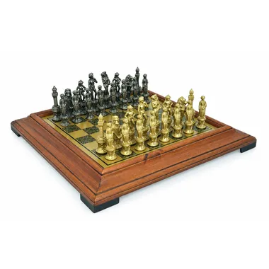 Complete Florentine chess set on brass-effect board with wooden frame