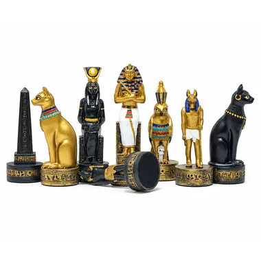 Ancient Egypt chess pieces lined up, obelisks, pharaoh and golden black deities
