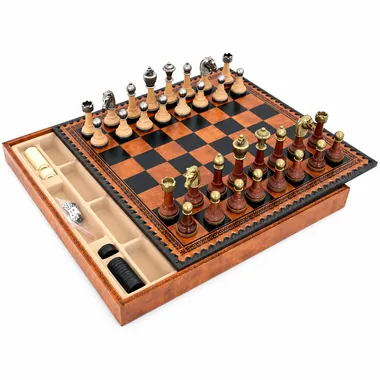 Open chess set box with chessboard, metal and wood pieces and storage compartment