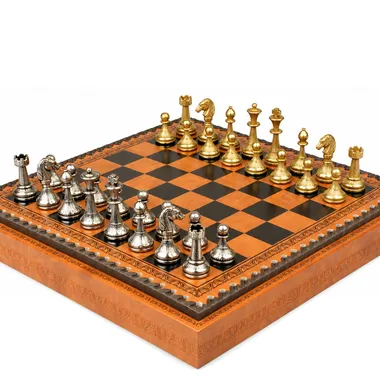 Gold and silver metal chess pieces on the Cute Flowered chessboard