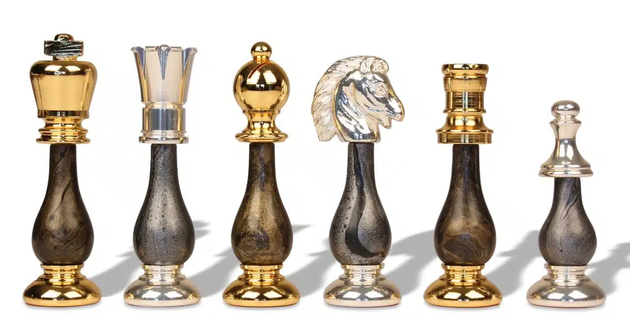 Wooden and Gold & Silver-Plated Metal Chess Set with Leather Chess Board and Storage Drawer - Image 3