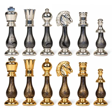 Complete chess set in gold and silver-plated brass, both sides facing each other