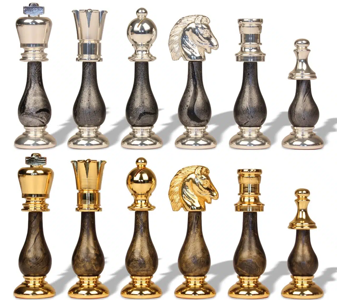 Wooden and Gold & Silver-Plated Metal Chess Set with Leather Chess Board and Storage Drawer - Image 6