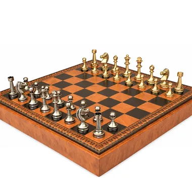 Solid brass Grand Staunton chess pieces set up on the faux leather board