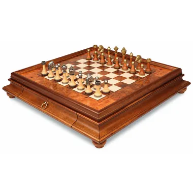 Complete chess set on burl and elm wood board with drawer box