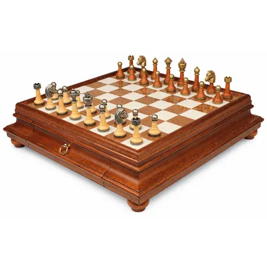 Complete chess set on wood and alabaster board with storage drawer