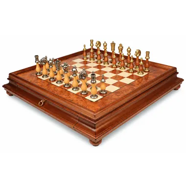 Arabesque complete chess set on burl wood board with drawer