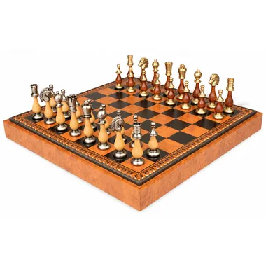 Grand Oriental complete chess set on faux leather board, full view