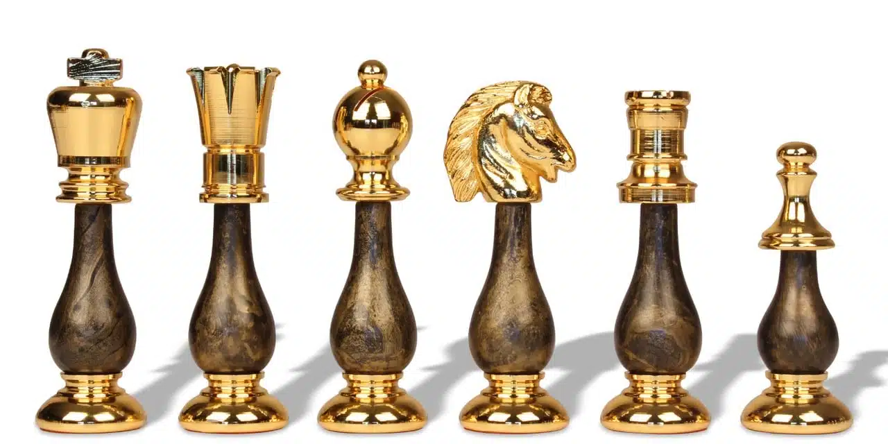Wooden and Gold & Silver-Plated Metal Chess Set with Leather Chess Board and Storage Drawer - Image 4