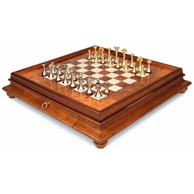 Contemporary chess set on burl wood box with drawer and turned feet