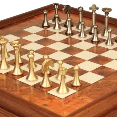 Jeu d'Échecs Contemporain - Échiquier en bois de Bruyère et Bois d'Orme avec tiroir & Pièces en métal