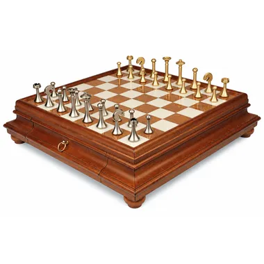 Complete chess set with wood and alabaster board, drawer storage box