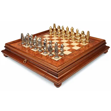 Complete Moncada chess set, burr wood box with drawer