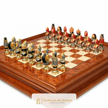 Hand-painted Moncada chess pieces lined up on the burl wood chessboard