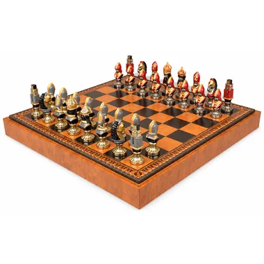 Moncada chess set viewed from above on its faux leather board