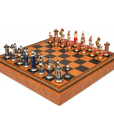 Mary Stuart chess pieces in metal viewed at an angle on the board