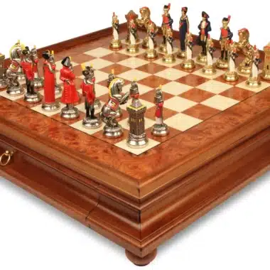 Jeu d'Échecs Napoléon - Échiquier en bois de Bruyère et Bois d'Orme avec tiroir & Pièces en métal