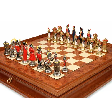 Napoleon metal chess pieces arranged on the elm wood chess board