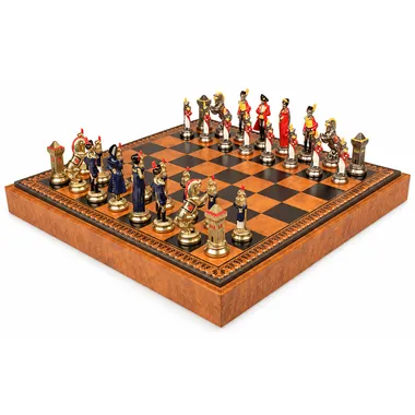 Napoleon chess set viewed from the front on its brown faux leather box