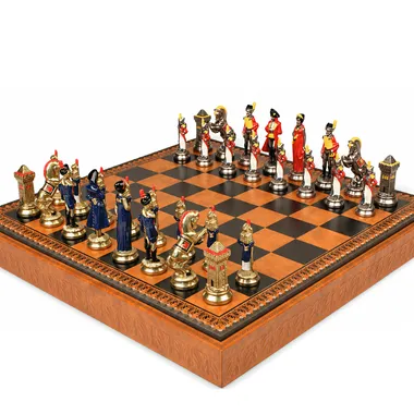 Napoleon chess set pieces lined up on the faux leather chess board