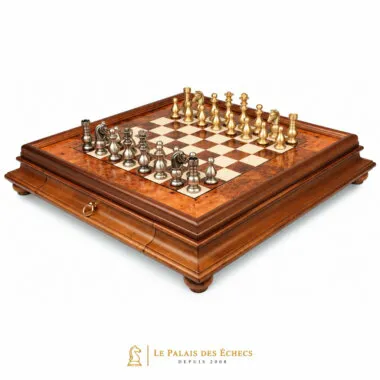 Garde Française chess set on burl wood chess board with drawer