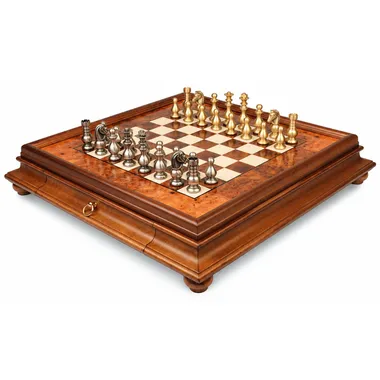 Garde Française chess set on burl wood chess board with drawer