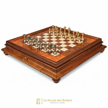 Complete Staunton chess set on burl wood chessboard with drawer