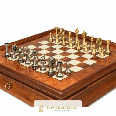 Solid brass Staunton chess pieces arranged on the burl wood chessboard
