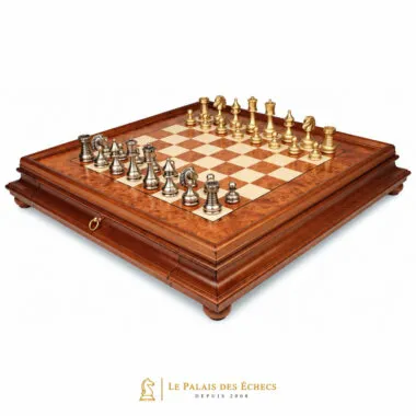Complete Persian chess set with burl wood board and built-in drawer