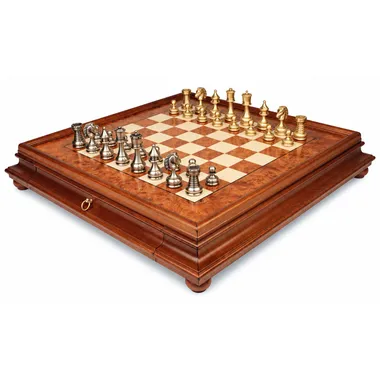 Complete Persian chess set with burl wood board and built-in drawer