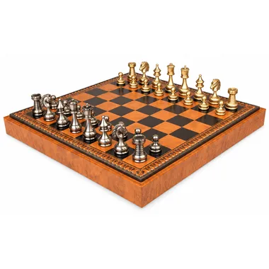Grand Persian chess set resting on its inlaid faux-leather storage box