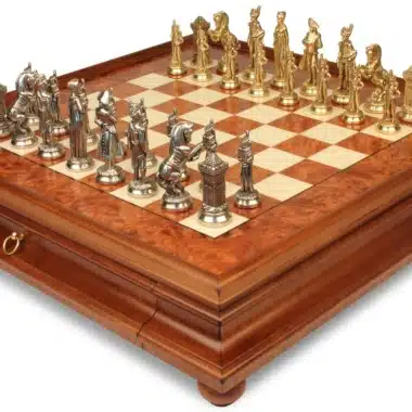 Jeu d'Échecs Napoléon - Échiquier en bois de Bruyère et Bois d'Orme avec tiroir & Pièces en métal