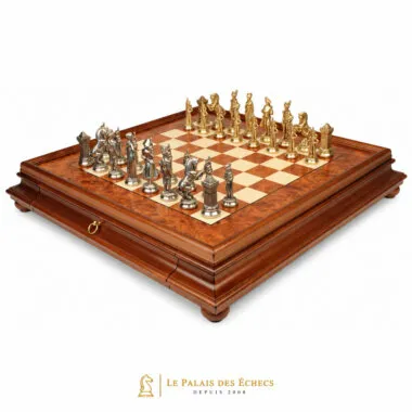 Complete Napoleon chess set on briar wood box with drawer