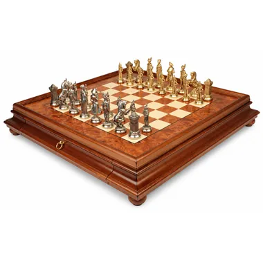 Complete Napoleon chess set on briar wood box with drawer