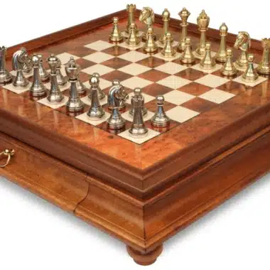 Jeu d'Échecs Staunton - Échiquier en bois de Bruyère et Bois d'Orme avec tiroir & Pièces en métal