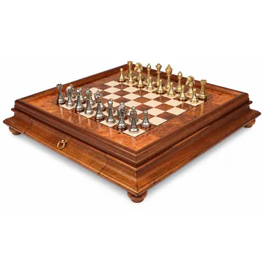 Complete Staunton chess set on burl wood chessboard with storage drawer