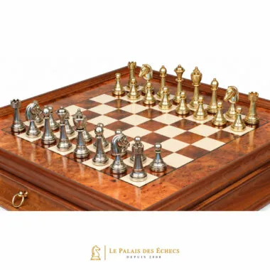 Staunton metal pieces shown close up on the elm wood chessboard