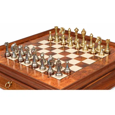 Staunton metal pieces shown close up on the elm wood chessboard