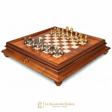 Complete Persian chess set on burl wood chess board with drawer and turned feet