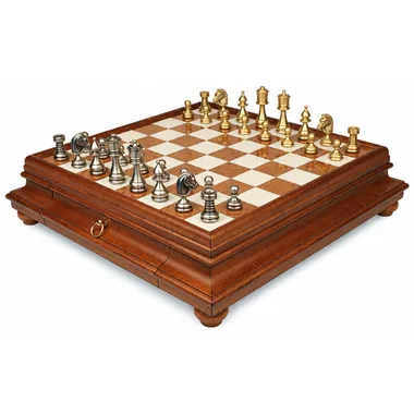 Complete Persian chess set on wood and alabaster board with storage drawer
