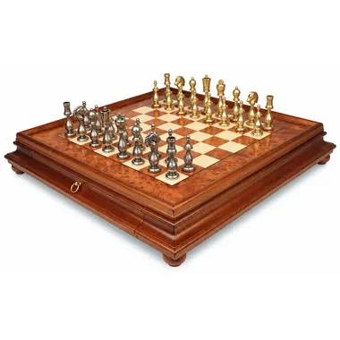 Complete Arabesque chess set on burl wood chessboard with drawer