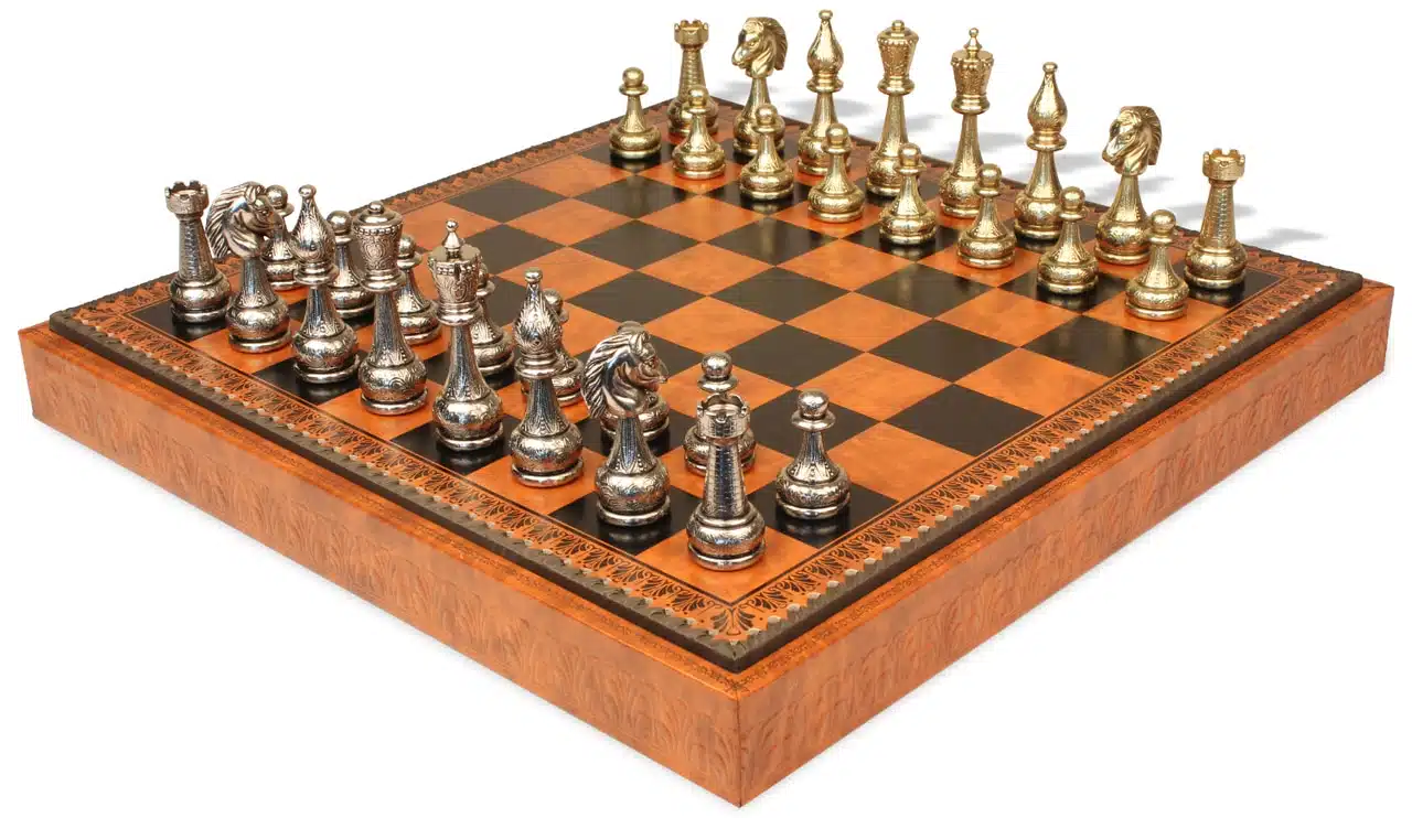 Jeu d'Échecs Flowered - Échiquier - Backgammon et Jeu de dames en similicuir & Pièces d'échecs en métal
