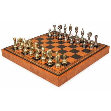 Complete Flowered chess set, metal pieces arranged on the faux leather board
