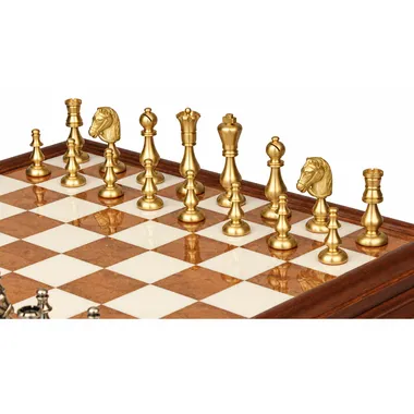 Close-up of gold-tone solid brass pieces with sculpted knights