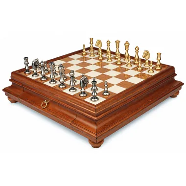 Complete Oriental chess set on wood and alabaster board with drawer