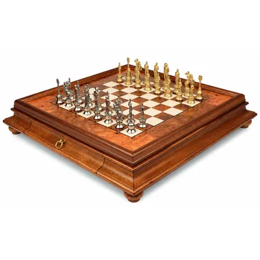 Complete Napoleon chess set on burl wood board with drawer