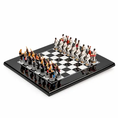 Complete Jazz vs Rock chess set on black lacquered wood chess board