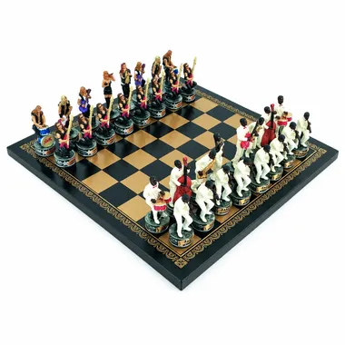 Faux leather chess board with Jazz vs Rock resin pieces, overall view